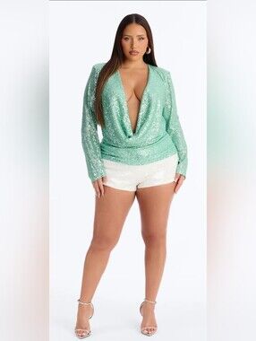 Mint Green Sequin Deep V Top with White Sequin Shorts